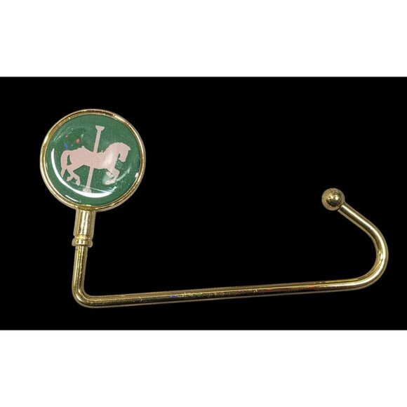 Whimsical Carousel Horse Green And Gold Tone Purse Hanger - Picture 1 of 4